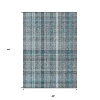 3' X 5' Teal Plaid Washable Non Skid Indoor Outdoor Area Rug
