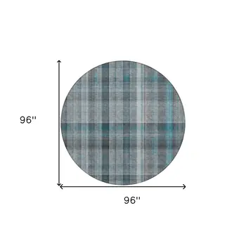 8' Round Teal Round Plaid Washable Non Skid Indoor Outdoor Area Rug