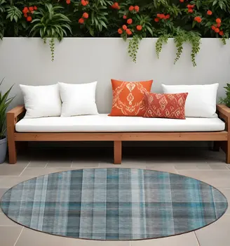 8' Round Teal Round Plaid Washable Non Skid Indoor Outdoor Area Rug