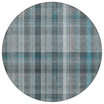 8' Round Teal Round Plaid Washable Non Skid Indoor Outdoor Area Rug