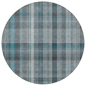 8' Round Teal Round Plaid Washable Non Skid Indoor Outdoor Area Rug