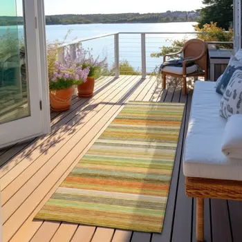 2' X 8' Artichoke Green Striped Washable Non Skid Indoor Outdoor Runner Rug