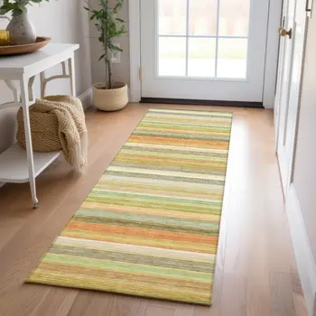 2' X 8' Artichoke Green Striped Washable Non Skid Indoor Outdoor Runner Rug