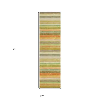 2' X 8' Artichoke Green Striped Washable Non Skid Indoor Outdoor Runner Rug