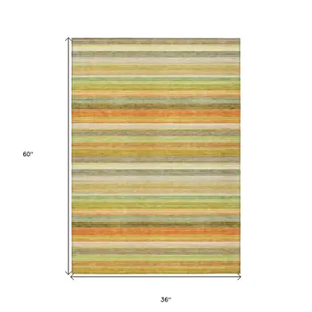 3' X 5' Artichoke Green Striped Washable Non Skid Indoor Outdoor Area Rug