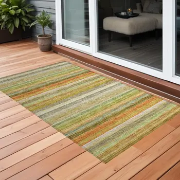 3' X 5' Artichoke Green Striped Washable Non Skid Indoor Outdoor Area Rug