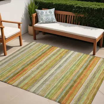 5' X 8' Artichoke Green Striped Washable Non Skid Indoor Outdoor Area Rug
