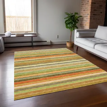 5' X 8' Artichoke Green Striped Washable Non Skid Indoor Outdoor Area Rug