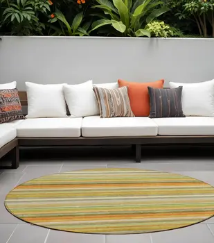8' Round Artichoke Green Round Striped Washable Non Skid Indoor Outdoor Area Rug