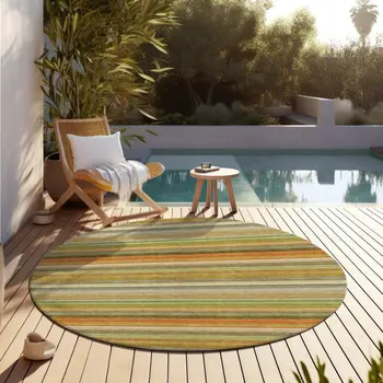 8' Round Artichoke Green Round Striped Washable Non Skid Indoor Outdoor Area Rug