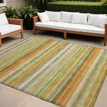 8' X 10' Artichoke Green Striped Washable Non Skid Indoor Outdoor Area Rug