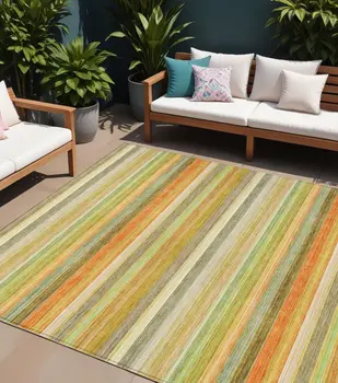 10' X 14' Artichoke Green Striped Washable Non Skid Indoor Outdoor Area Rug
