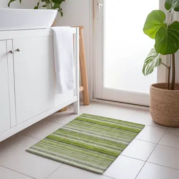 2' X 3' Fern Green Striped Washable Non Skid Indoor Outdoor Area Rug