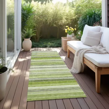 2' X 8' Fern Green Striped Washable Non Skid Indoor Outdoor Runner Rug