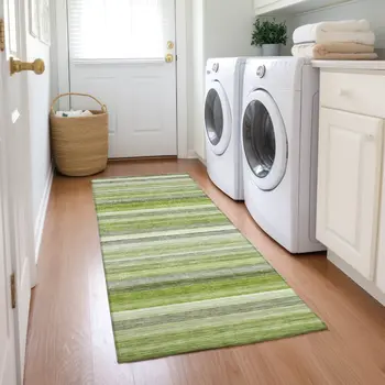 2' X 8' Fern Green Striped Washable Non Skid Indoor Outdoor Runner Rug