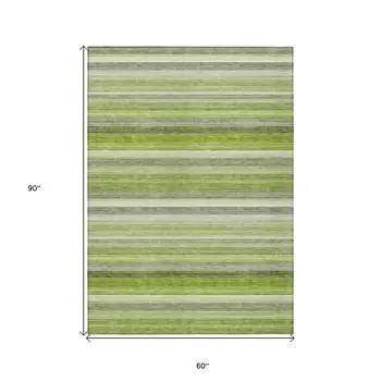 5' X 8' Fern Green Striped Washable Non Skid Indoor Outdoor Area Rug