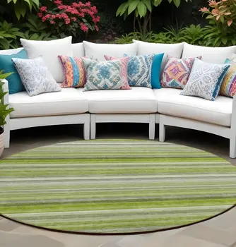 8' Round Fern Green Round Striped Washable Non Skid Indoor Outdoor Area Rug