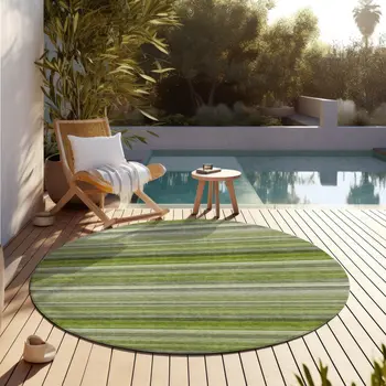 8' Round Fern Green Round Striped Washable Non Skid Indoor Outdoor Area Rug