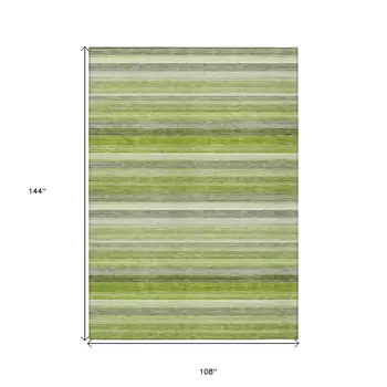 9' X 12' Fern Green Striped Washable Non Skid Indoor Outdoor Area Rug