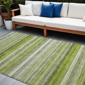 10' X 14' Fern Green Striped Washable Non Skid Indoor Outdoor Area Rug