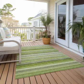 10' X 14' Fern Green Striped Washable Non Skid Indoor Outdoor Area Rug