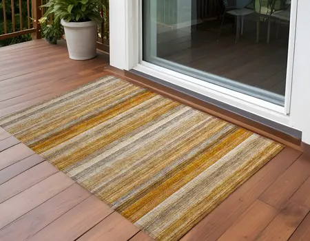 2' X 3' Brown and Orange Striped Washable Non Skid Indoor Outdoor Area Rug