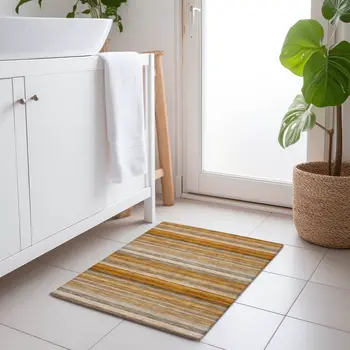 2' X 3' Brown and Orange Striped Washable Non Skid Indoor Outdoor Area Rug