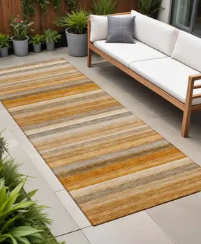 2' X 8' Brown and Orange Striped Washable Non Skid Indoor Outdoor Runner Rug