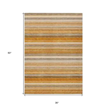 3' X 5' Brown And Orange Striped Washable Indoor Outdoor Area Rug