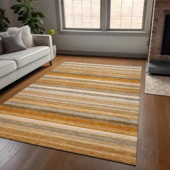 3' X 5' Brown And Orange Striped Washable Indoor Outdoor Area Rug