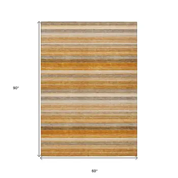 5' X 8' Brown and Orange Striped Washable Non Skid Indoor Outdoor Area Rug