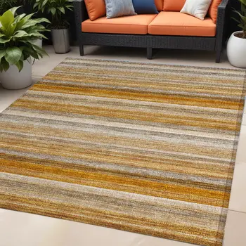 5' X 8' Brown and Orange Striped Washable Non Skid Indoor Outdoor Area Rug