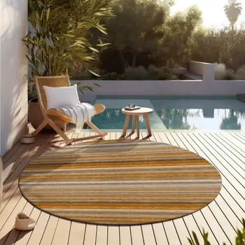 8' Round Brown and Orange Round Striped Washable Non Skid Indoor Outdoor Area Rug