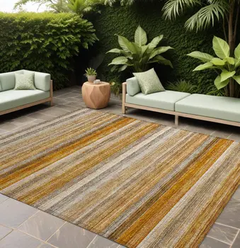 8' X 10' Brown and Orange Striped Washable Non Skid Indoor Outdoor Area Rug