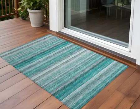 2' X 3' Teal Striped Washable Non Skid Indoor Outdoor Area Rug