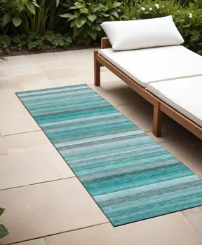 2' X 8' Teal Striped Washable Non Skid Indoor Outdoor Runner Rug