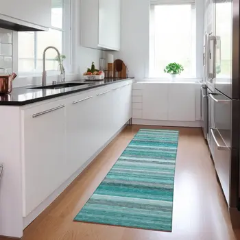 2' X 8' Teal Striped Washable Non Skid Indoor Outdoor Runner Rug