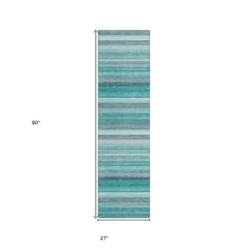 2' X 8' Teal Striped Washable Non Skid Indoor Outdoor Runner Rug