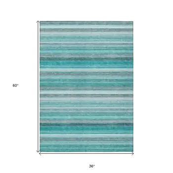 3' X 5' Teal Striped Washable Non Skid Indoor Outdoor Area Rug
