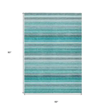5' X 8' Teal Striped Washable Non Skid Indoor Outdoor Area Rug