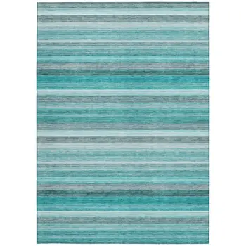 5' X 8' Teal Striped Washable Non Skid Indoor Outdoor Area Rug