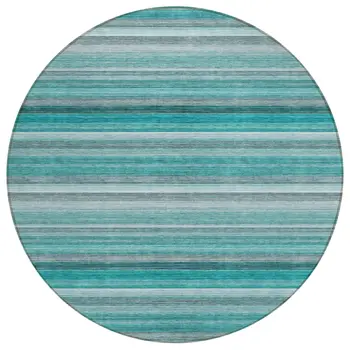 8' Round Teal Round Striped Washable Non Skid Indoor Outdoor Area Rug