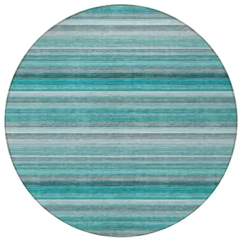 8' Round Teal Round Striped Washable Non Skid Indoor Outdoor Area Rug