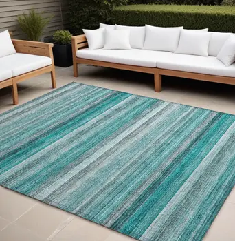 10' X 14' Teal Striped Washable Non Skid Indoor Outdoor Area Rug
