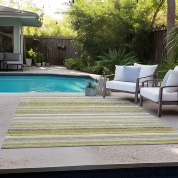 8' X 10' Yellow Beige and Gray Striped Washable Non Skid Indoor Outdoor Area Rug