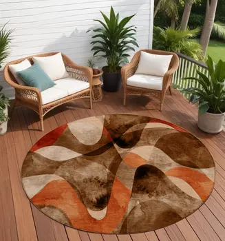 8' Round Chocolate Round Abstract Washable Non Skid Indoor Outdoor Area Rug