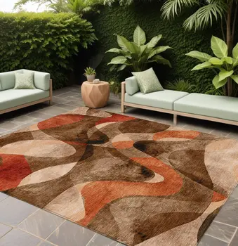 9' X 12' Chocolate Abstract Washable Non Skid Indoor Outdoor Area Rug