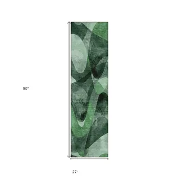 8' Runner Fern Green Abstract Washable Non Skid Indoor Outdoor Runner Rug
