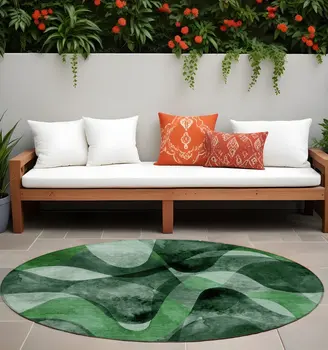 8' Round Fern Green Round Abstract Washable Non Skid Indoor Outdoor Area Rug