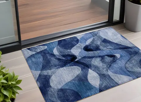 2' X 3' Navy Blue Abstract Washable Non Skid Indoor Outdoor Area Rug